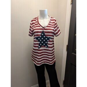 Women's Izuria V Neck Short Sleeve Star Red And Striped And Blue Star Tshirt